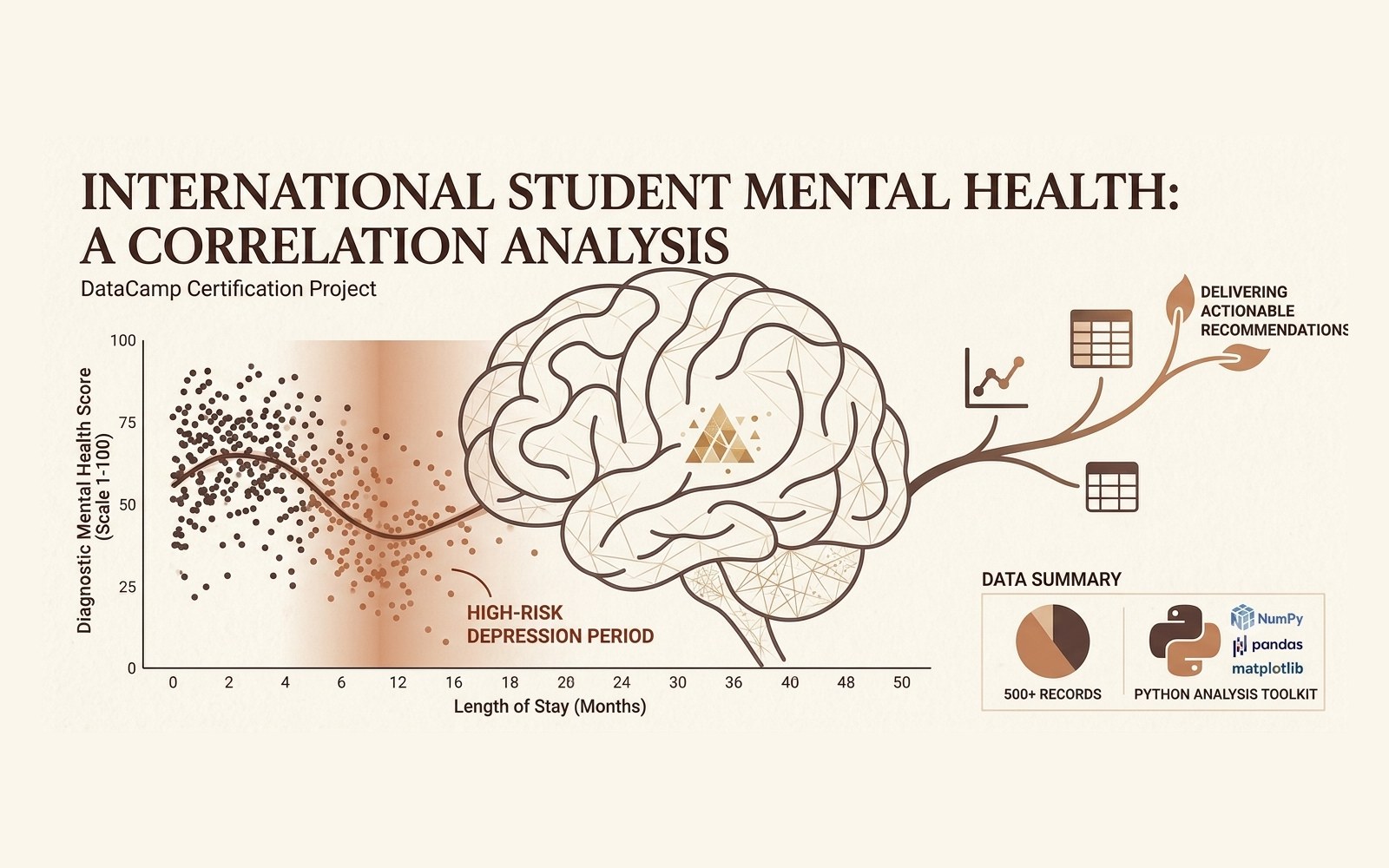 International student mental health correlation analysis — diagnostic score against length of stay, with a high-risk depression period highlighted